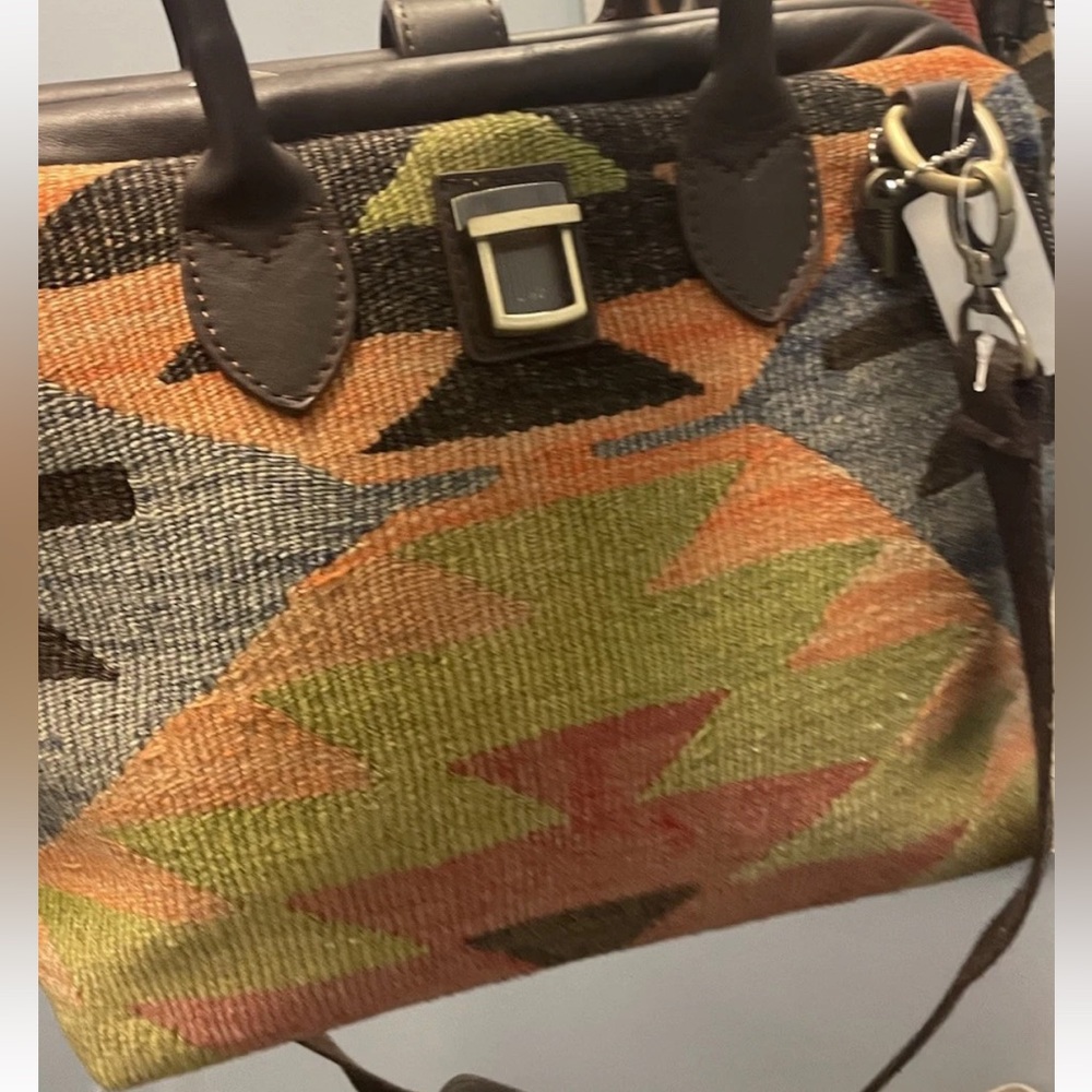 Vintage Turkish Kilim Weekender Bag: Handmade Leather Travel Bag Carpet Bag